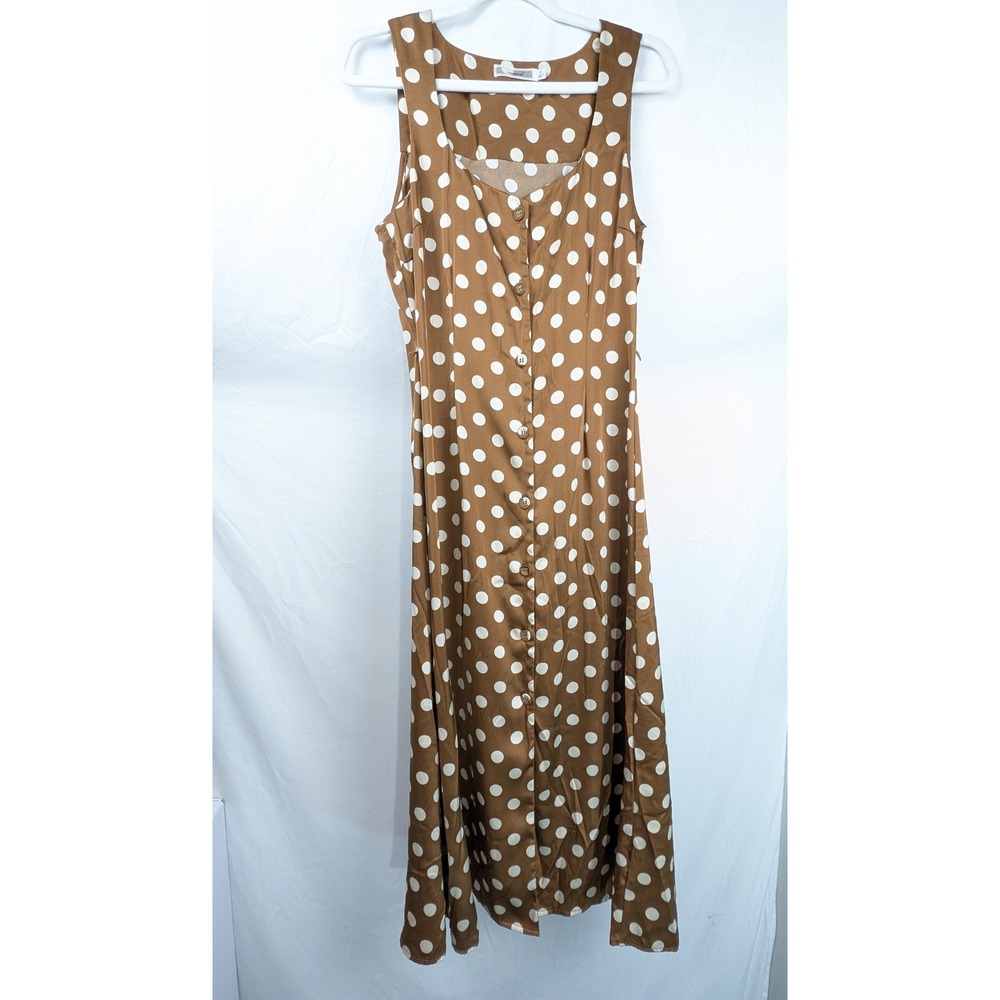 Retro Polka Dot Sleeveless Button Maxi Dress Size S Brown‎ Retro Coquette Twee